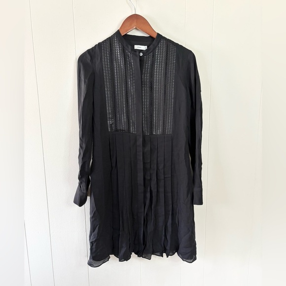 Vince black pleated long sleeve silk mini dress button front size 2 - Picture 1 of 8